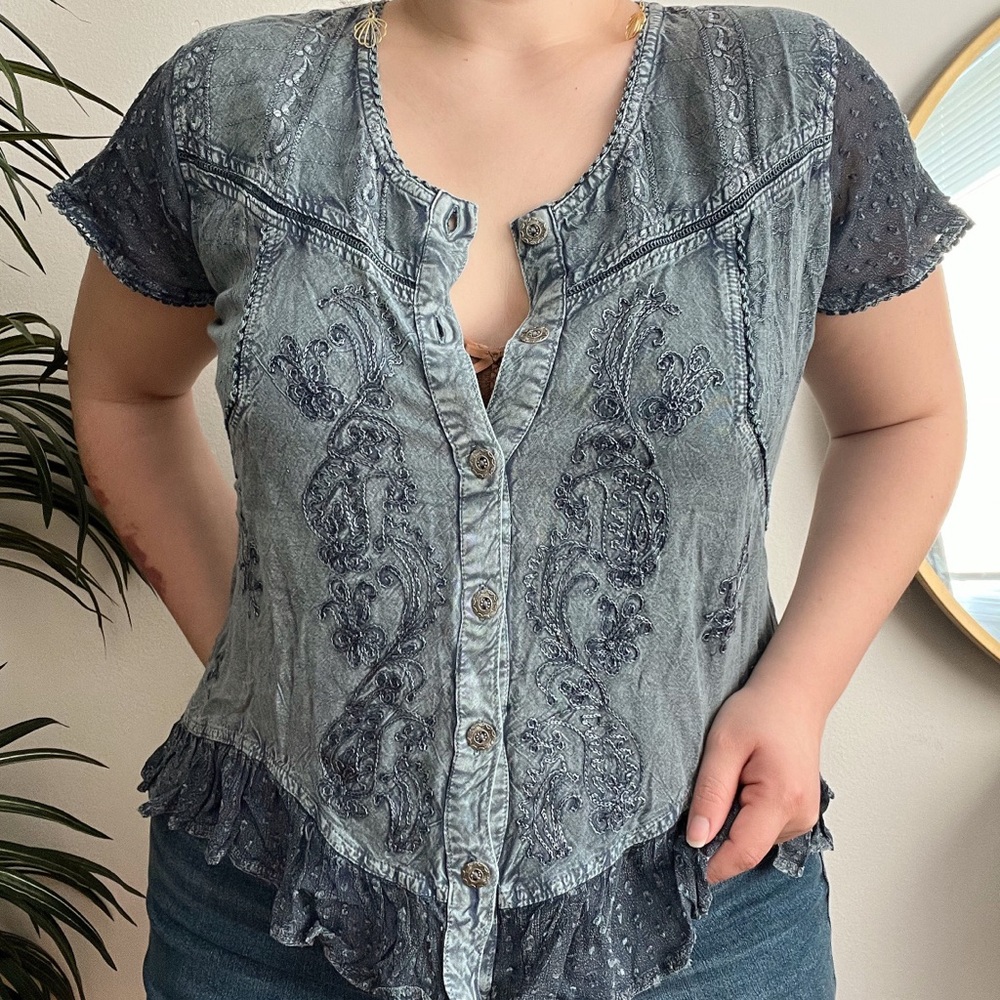 Frilly blue embroidered blouse